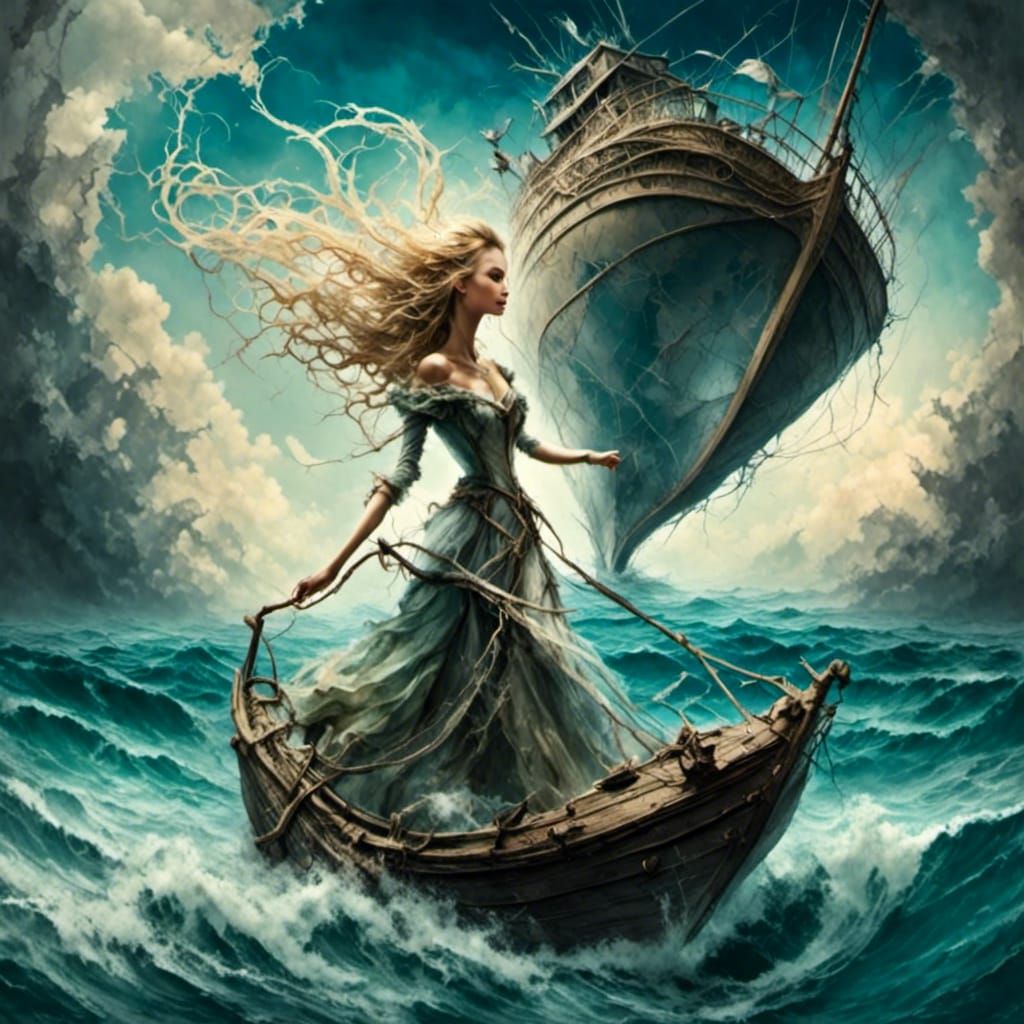 Blonde Woman Captain on Heart at Sea: Cartoon Oil Painting