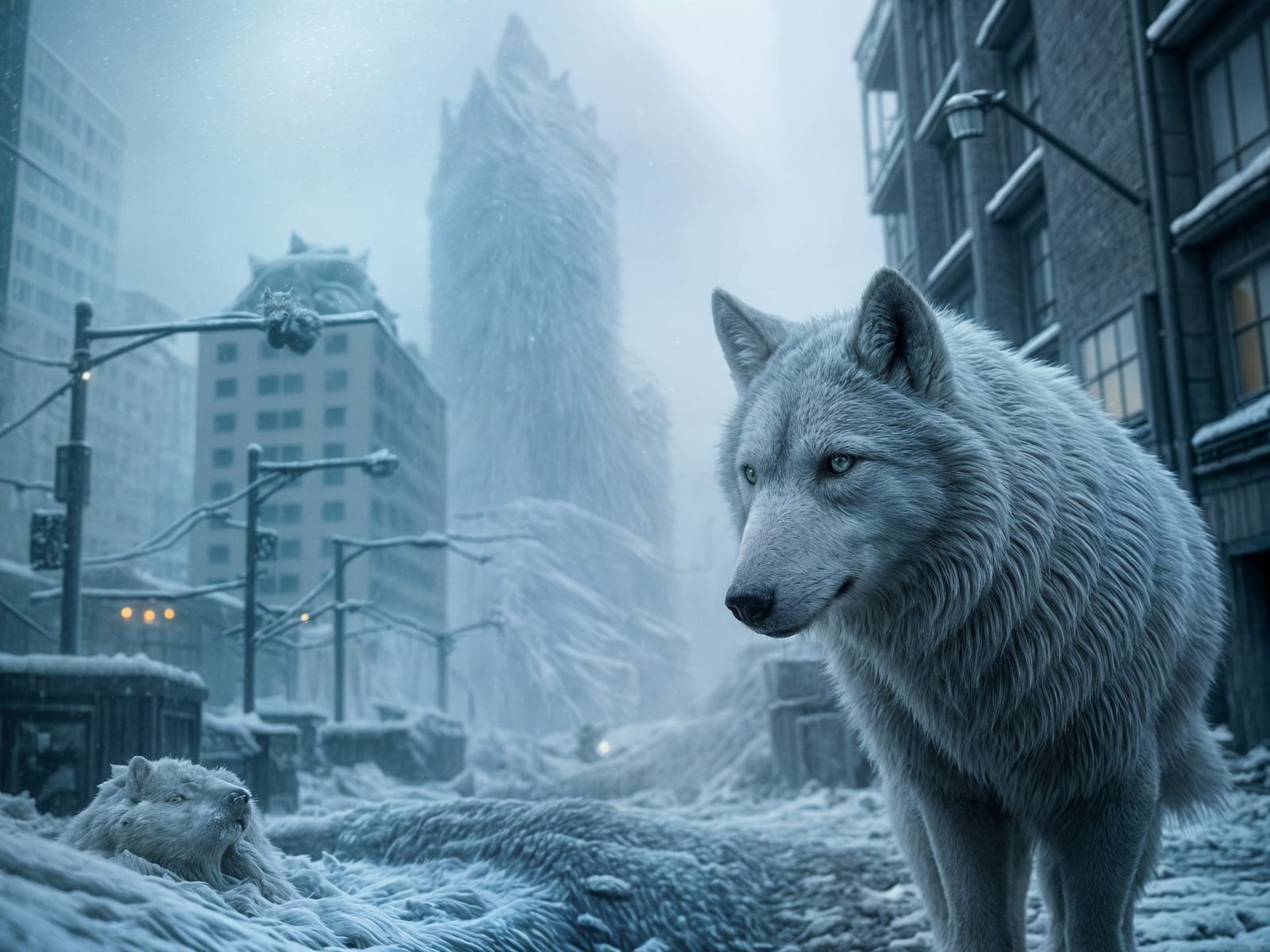 Cinematic Winter Cityscape with Surviving Wolves