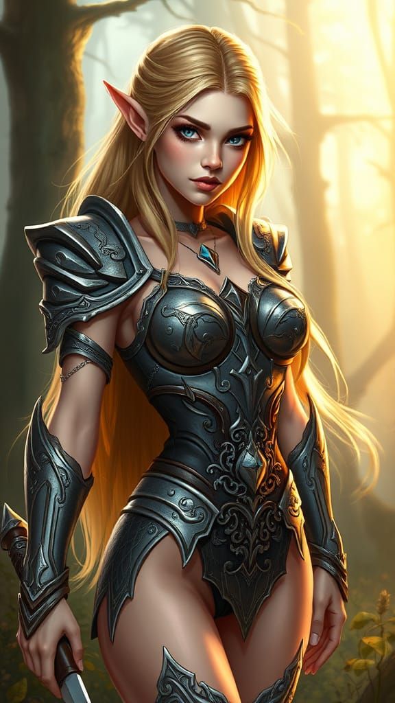 Slender Female Elf Warrior in Shimmering Bikini Armor