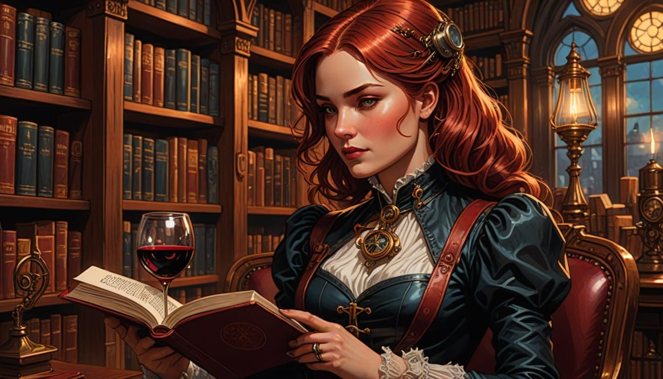 Steampunk Woman Reading in Library, Comic Book Art