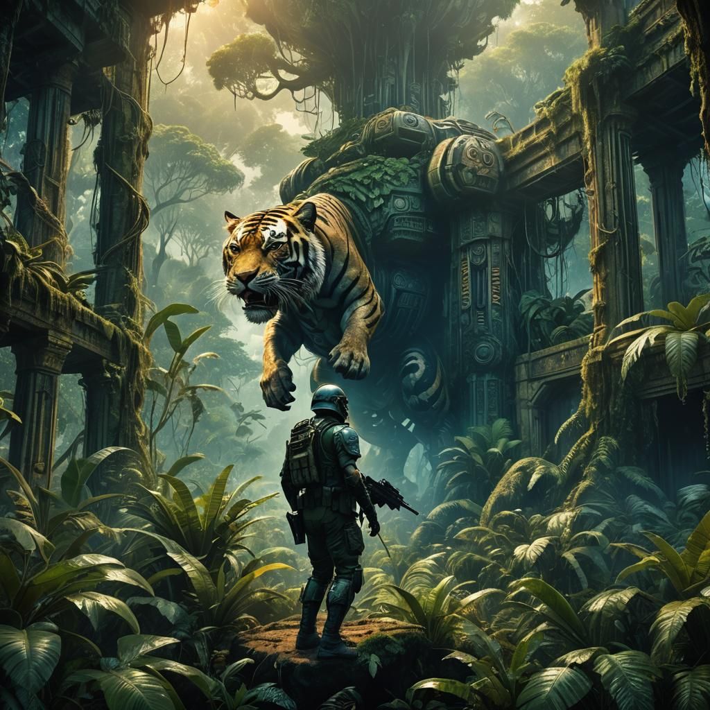 Soldier vs Tigers in Jungle, Digital Matte Painting