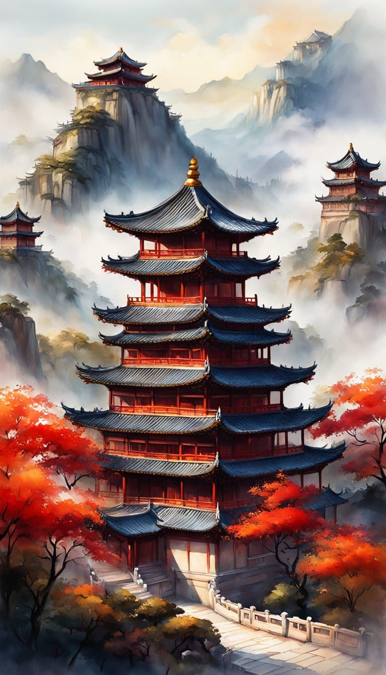 Majestic Chinese Palace in Eastern Ink Painting Style