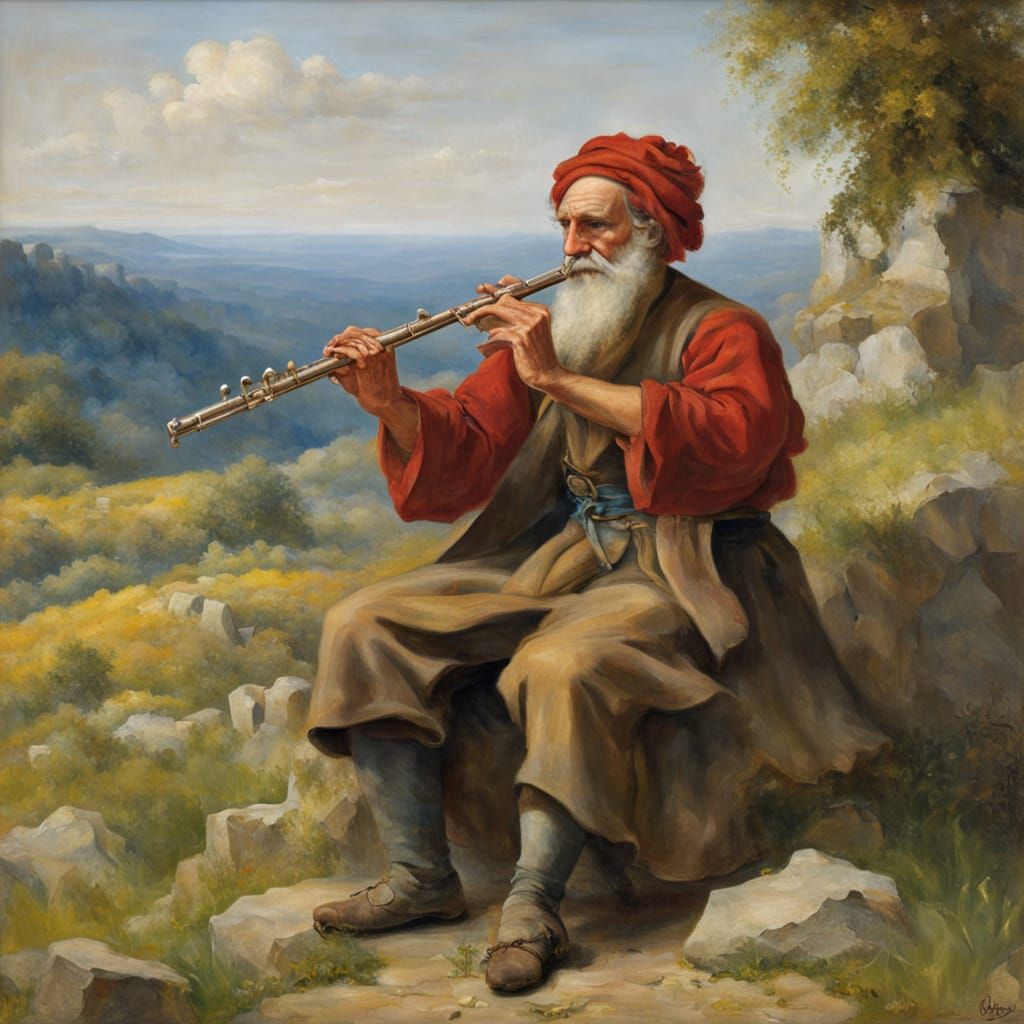 Rustic Musician Plays Flute Under Starry Night