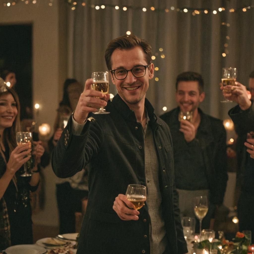 Man Raising a Glass in a Toast: Cinematic Film Still