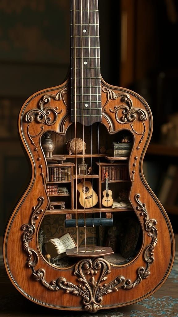 Miniature World Inside Vintage Acoustic Guitar