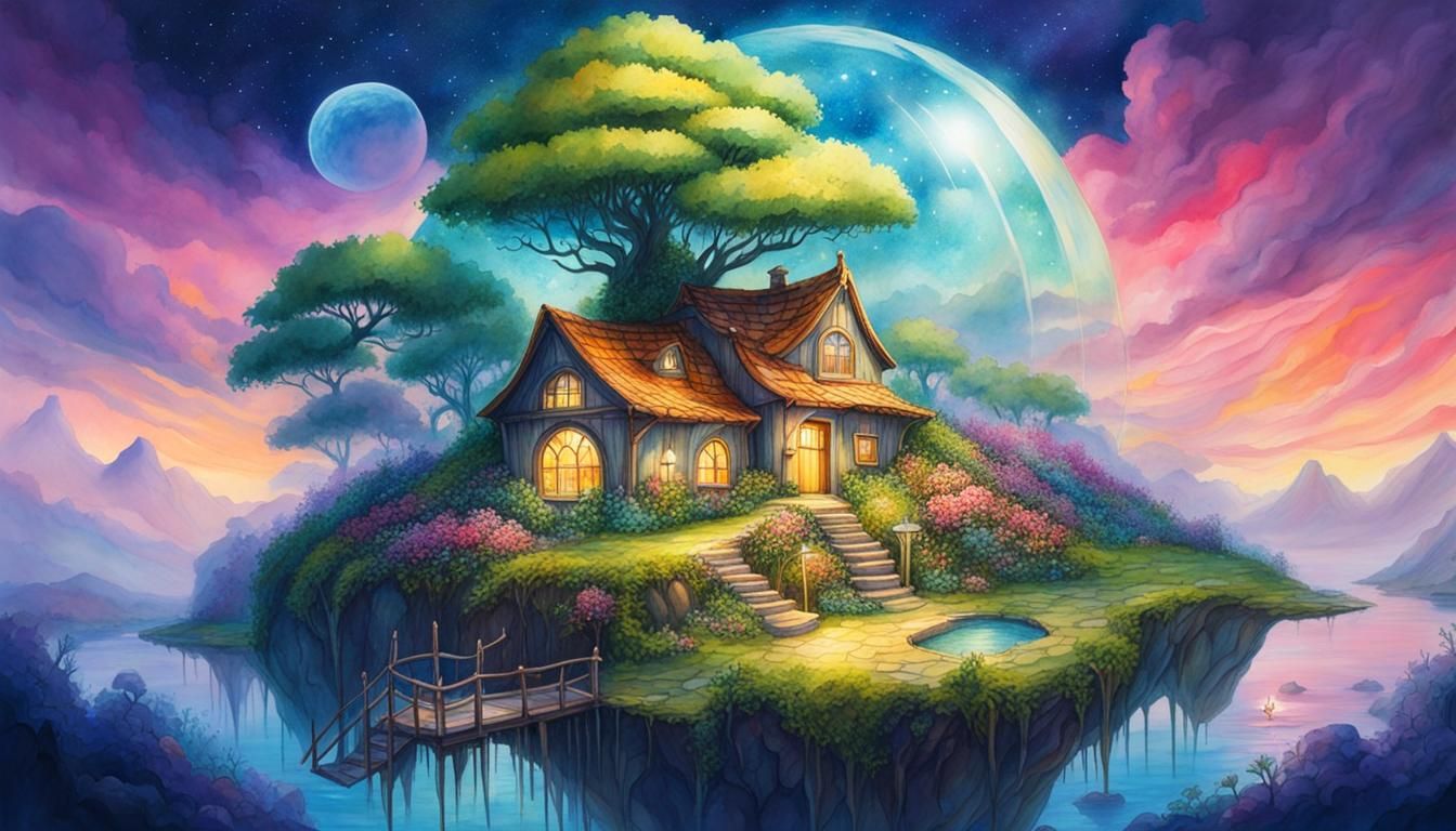 Floating Island Greenhouse in Watercolor Dreamscape