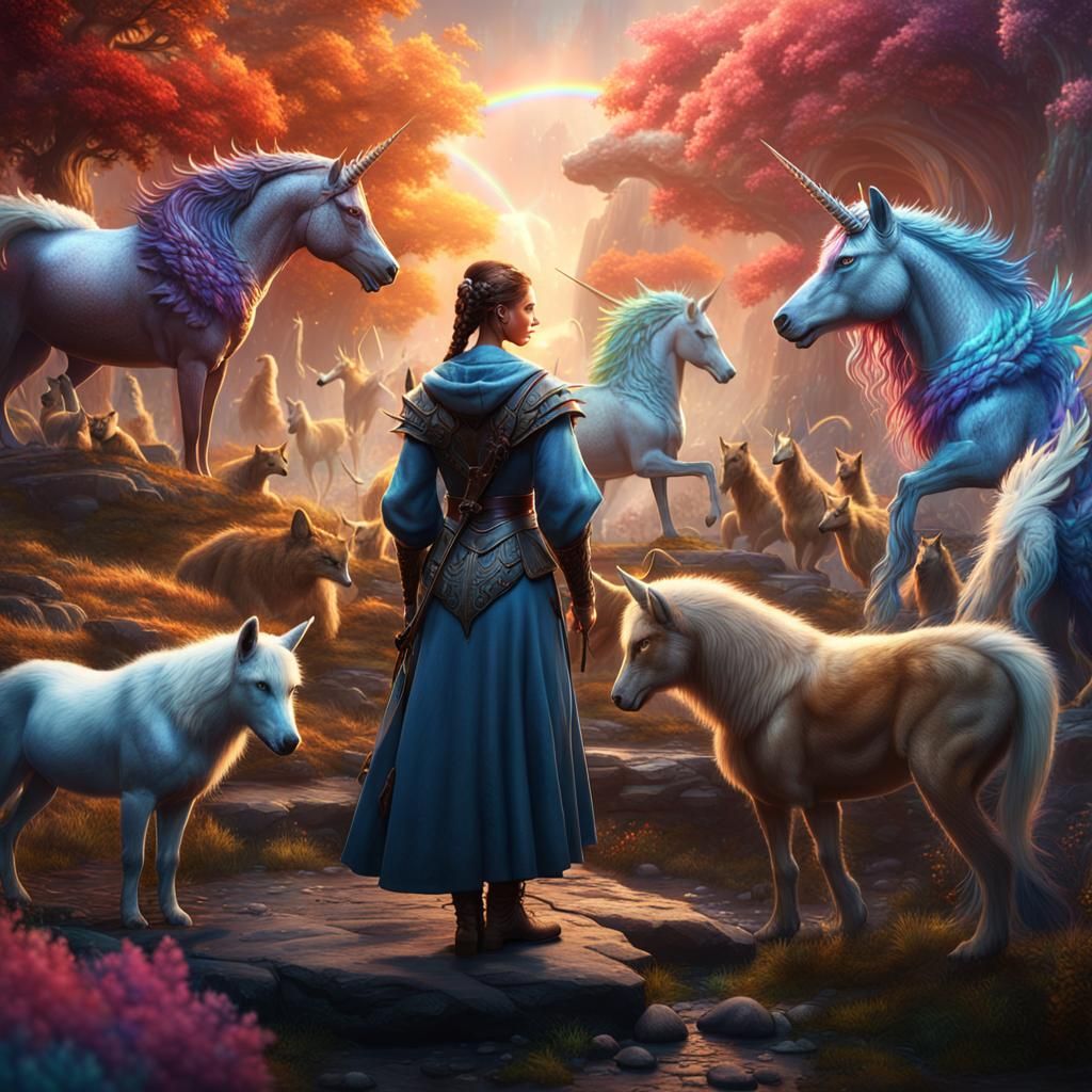 Person Surrounded by Mythical Animals: Fantasy Concept Art