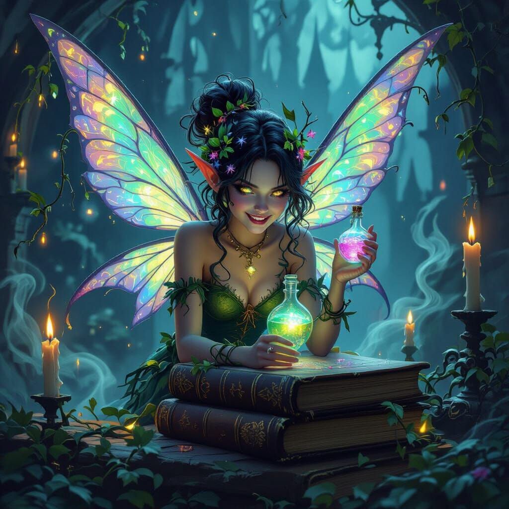 Pixie with Bioluminescent Hair in Gothic Castle