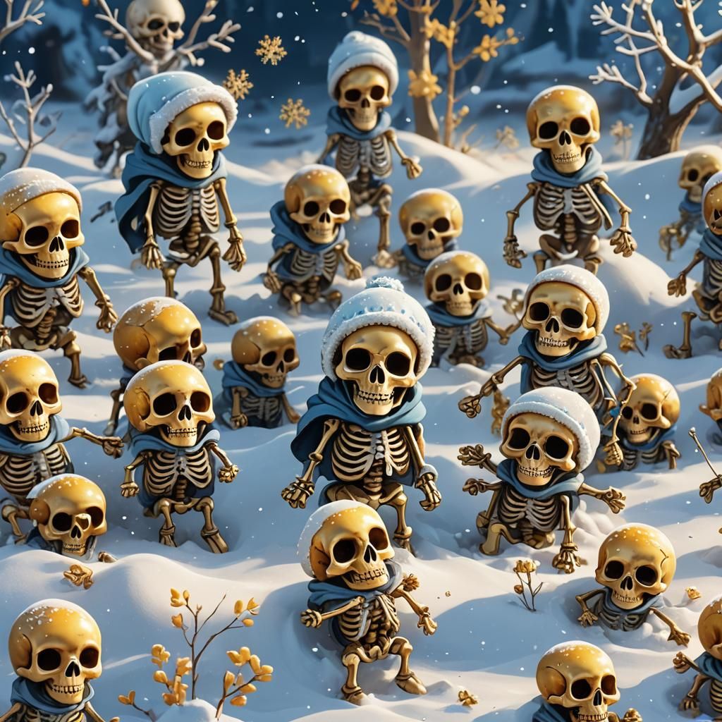 Skeletons Playing in Snow: Whimsical Cartoon Art