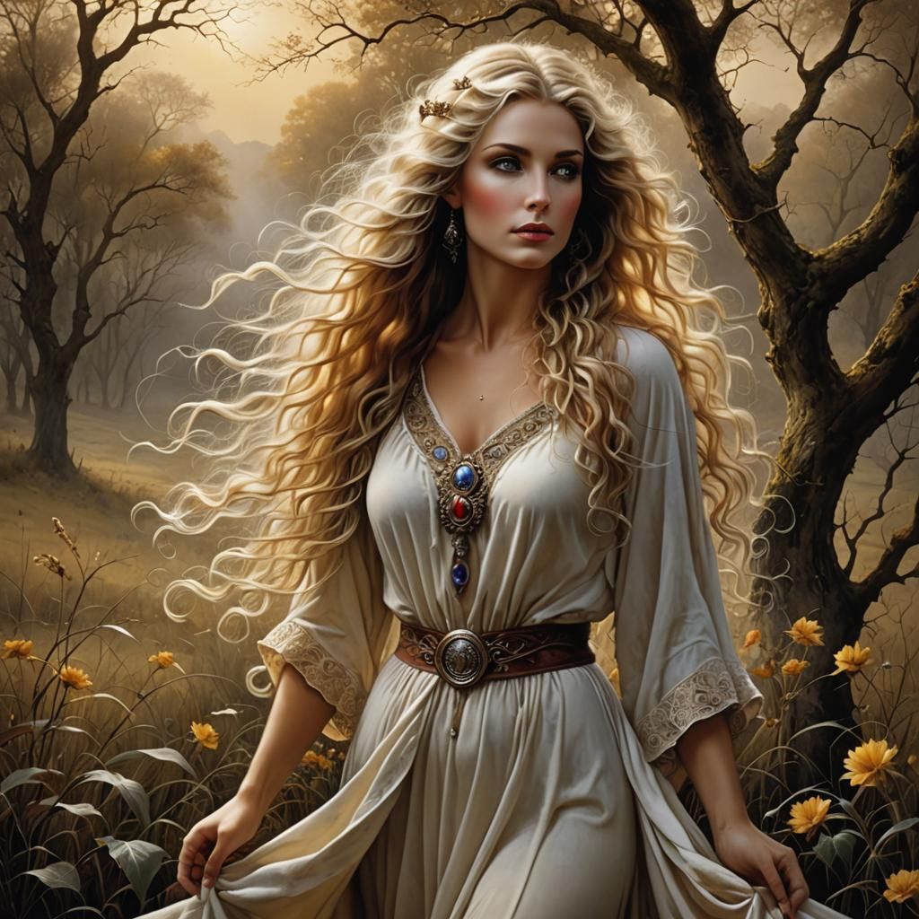 Beautiful Woman with Blond Hair in Magical Landscape