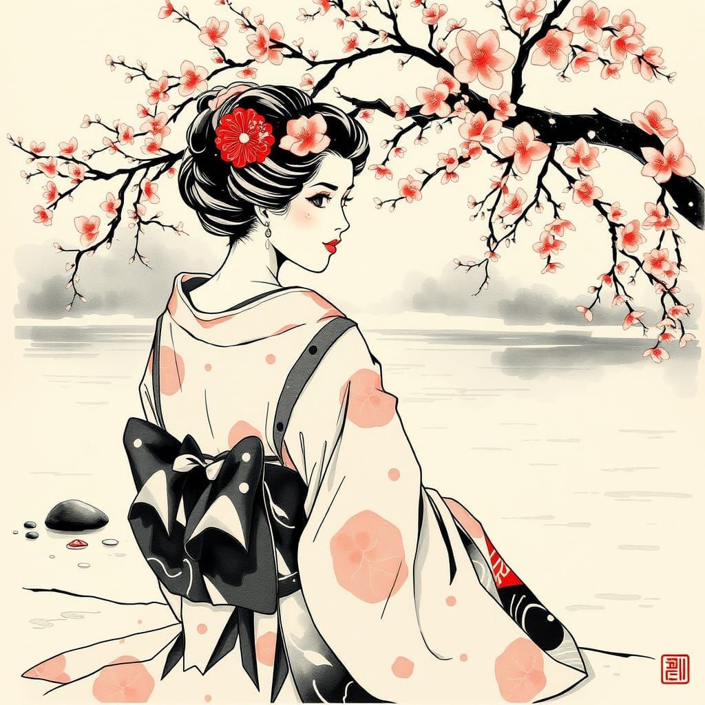 Classic Japanese Geisha in Cherry Blossom Tree