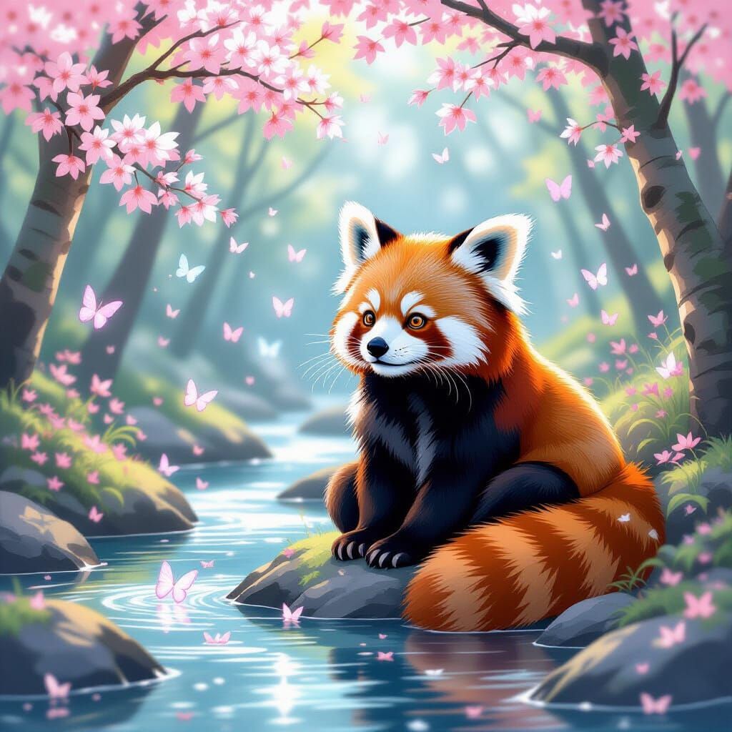 Red Panda with Cherry Blossoms in Anime Style