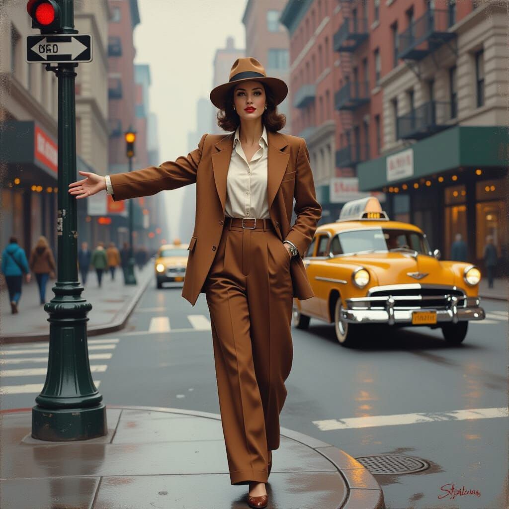 Woman in Oversized Suit Hailing Cab, as Oil Painting
