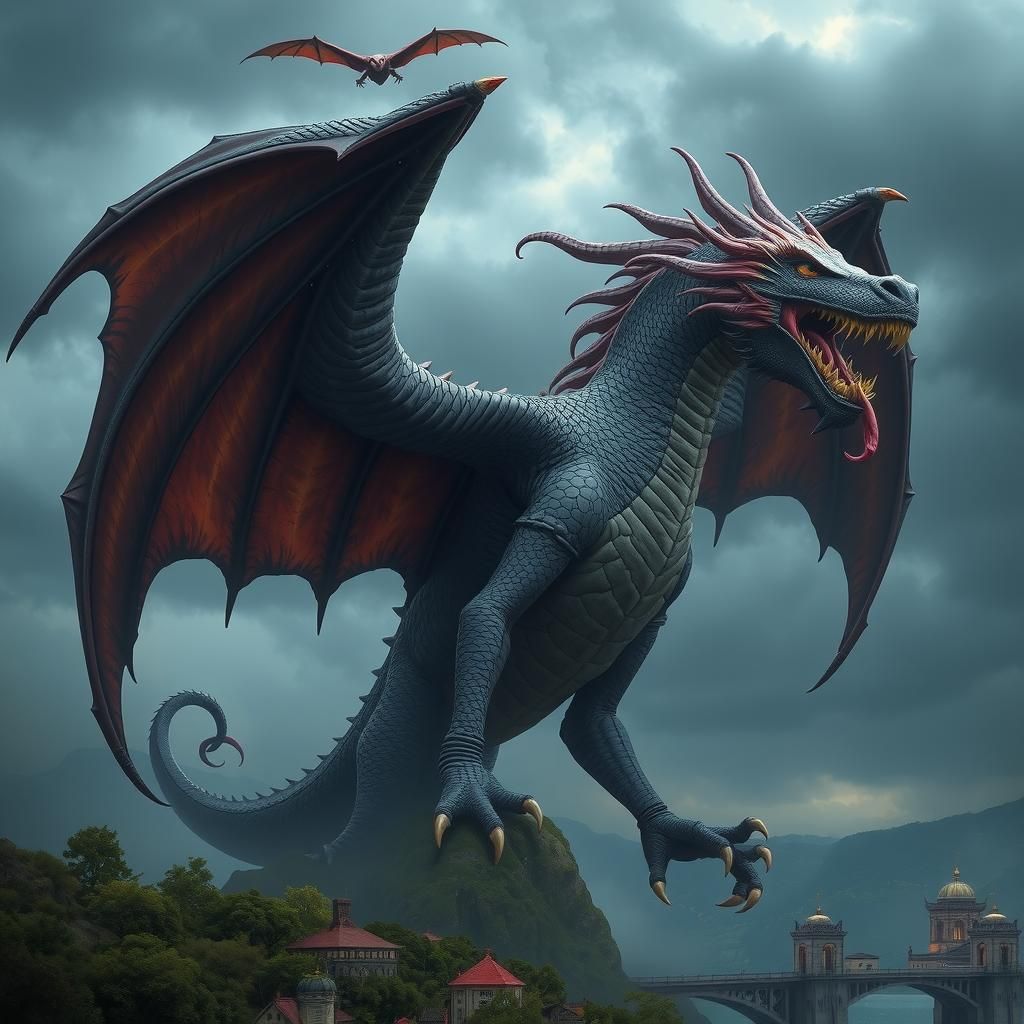 a bigger dragon , dark clouds in the background, a city at his foots