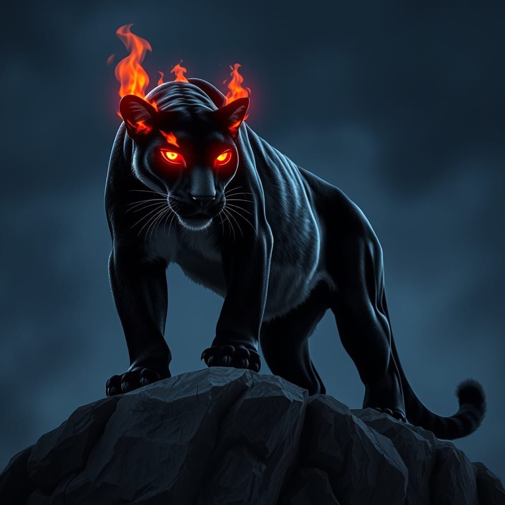 Fiery Demon Cougar Stands on Rocky Cliff
