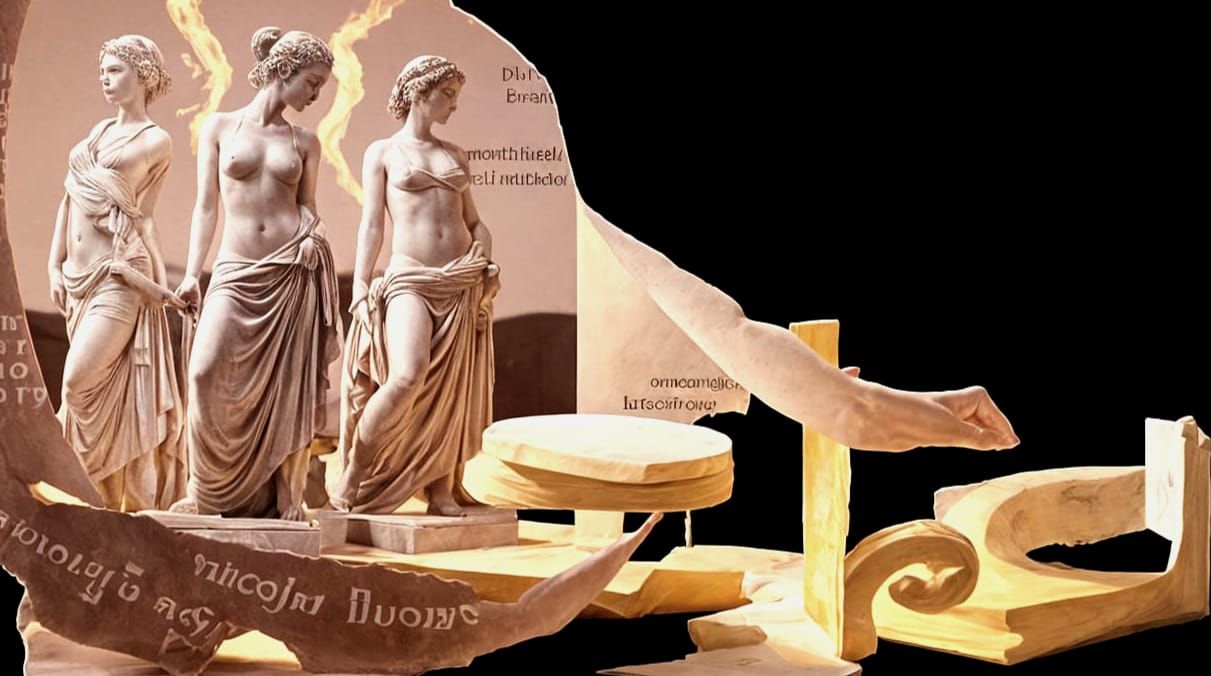 Greek Statues with Glowing Text, Retro-Futuristic Ambiance