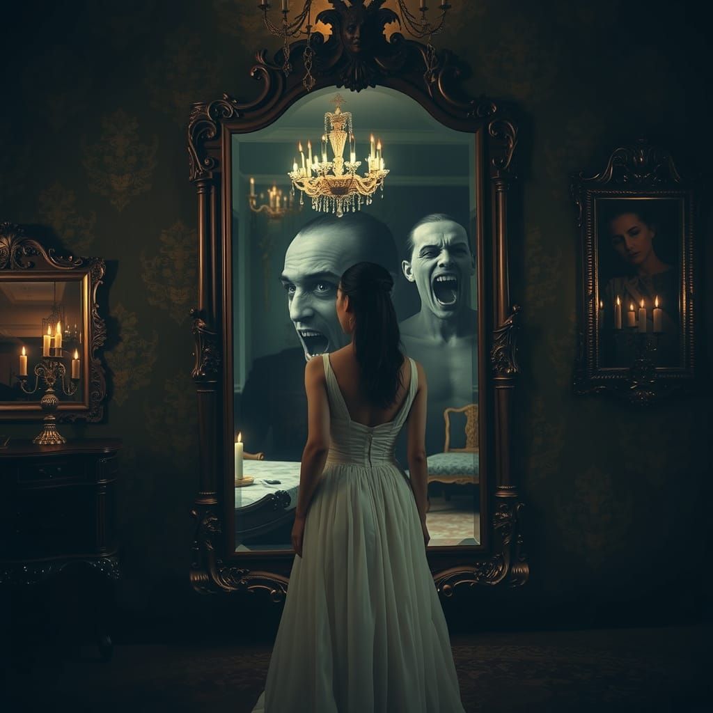 Haunting Reflection: Woman and Demonic Double Exposure