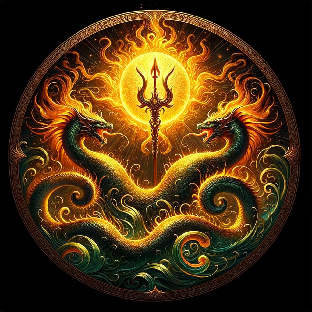 Solar Disk Radiates Power with Twin Serpents and Trident Fla...