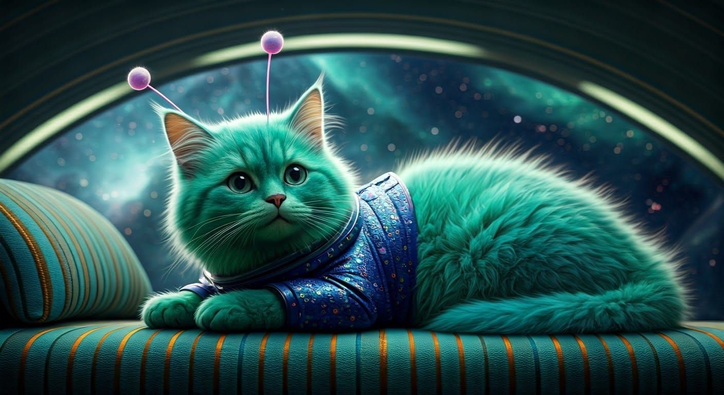 Alien Angora Cat in Spaceship Bedroom, Hyperrealistic Art