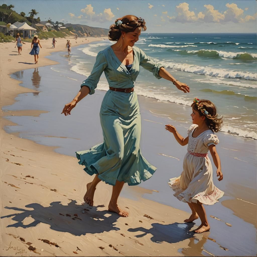 Joyful Beach Dance: Oil Painting