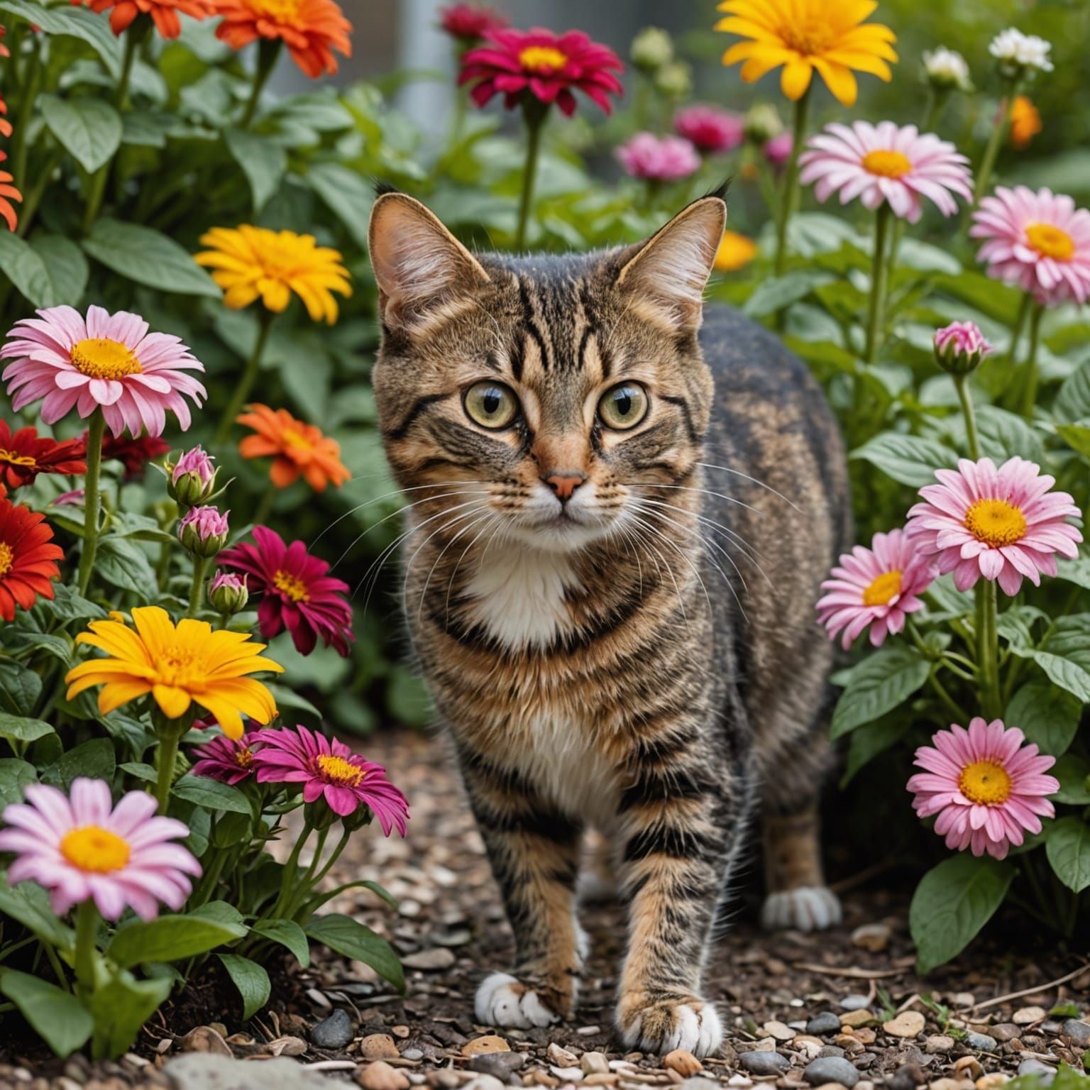 Cat Eyes Mouse in Flower-Filled Backyard