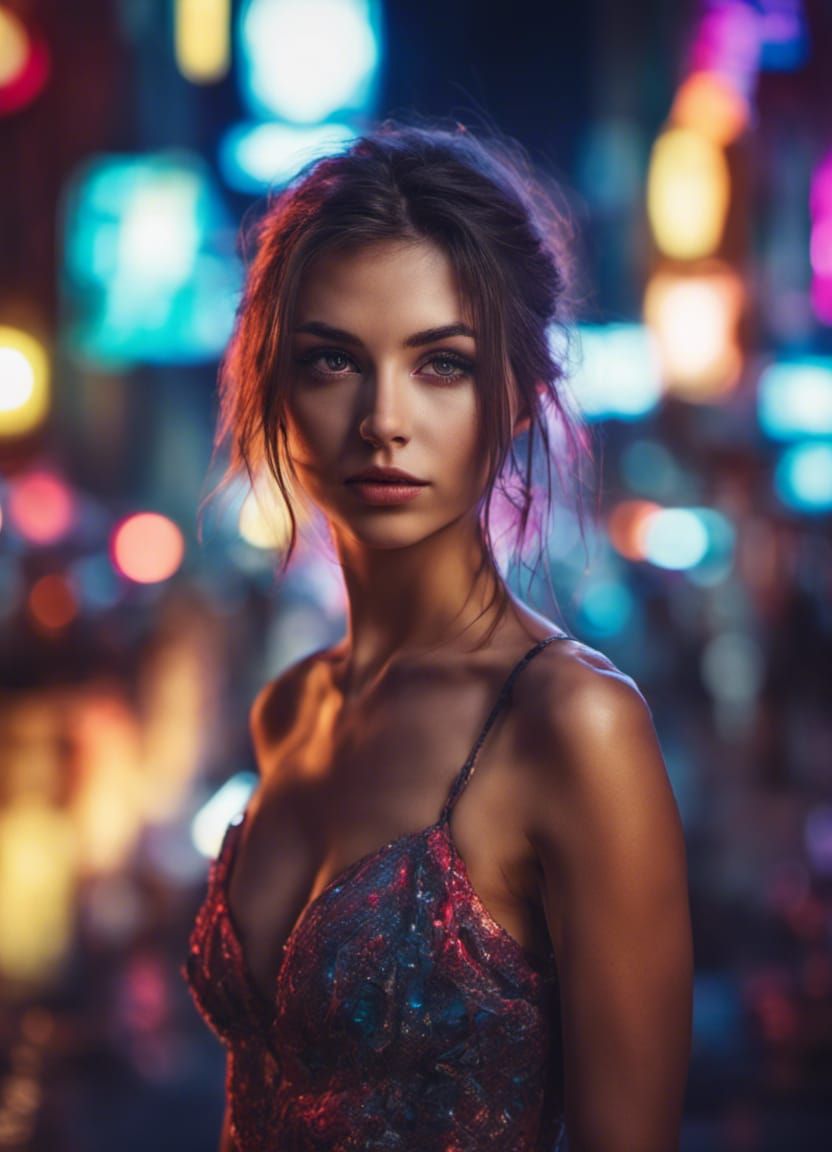 Sensual Girl in Neon City: Hyperrealistic HDR Portrait