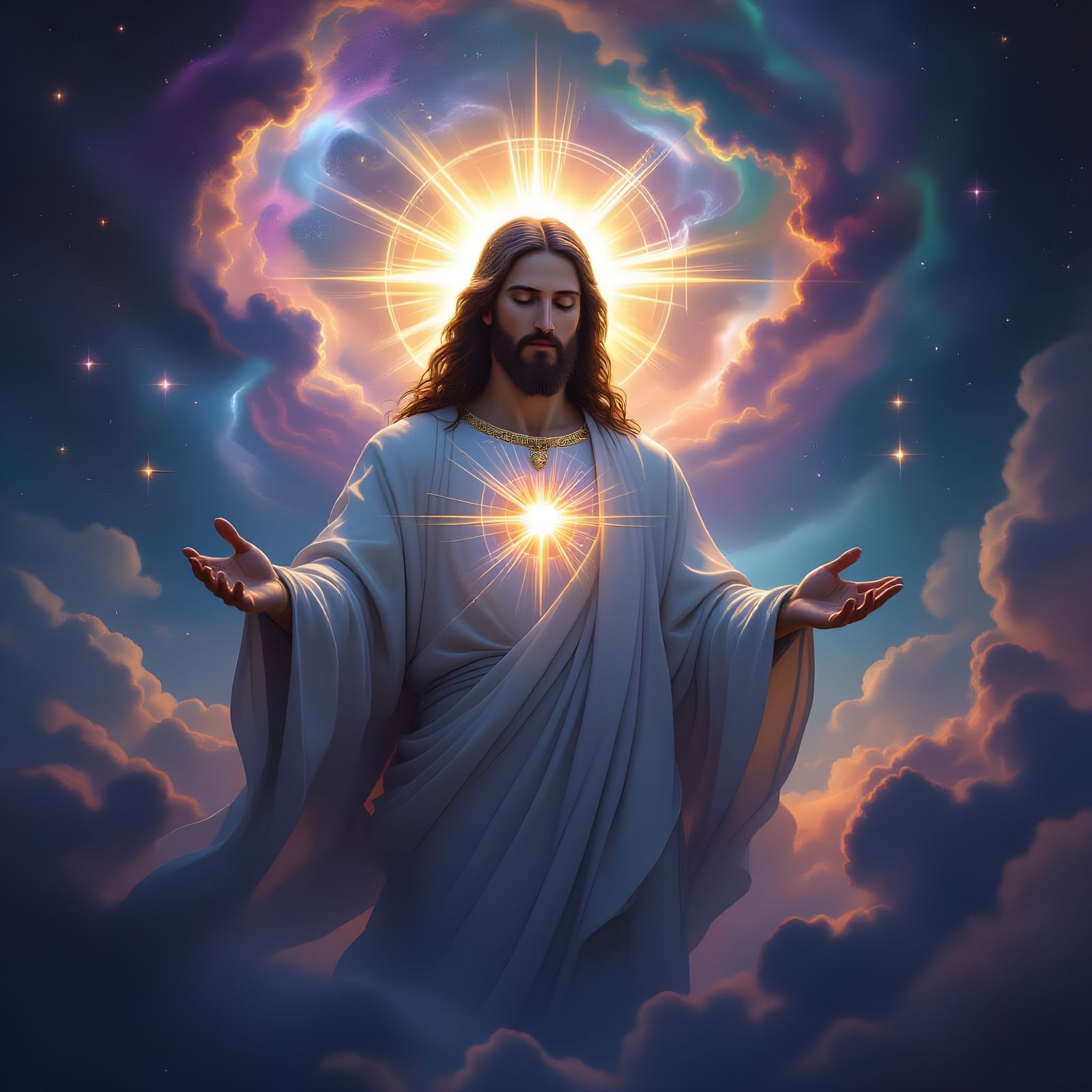 Cosmic Jesus Radiating Divine Energy Amidst Galaxies