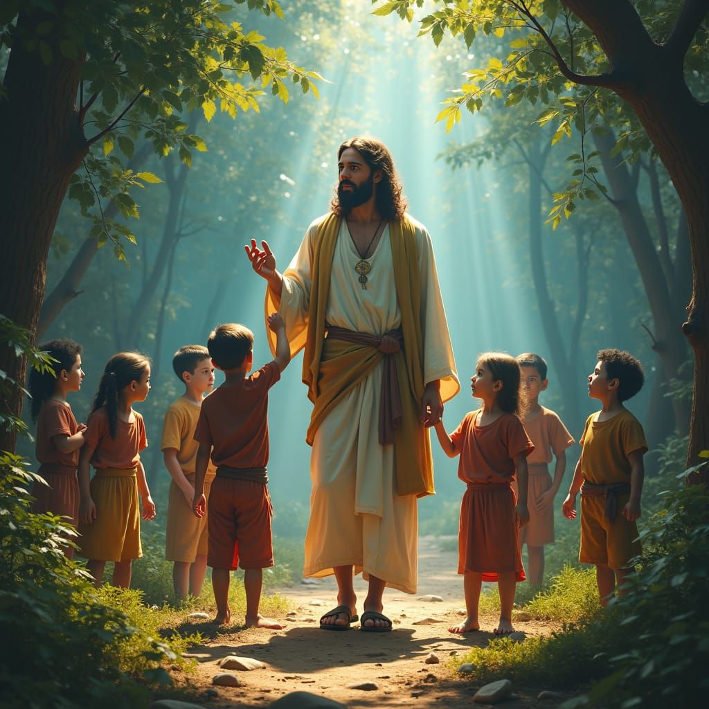 Jesus with Children in Fantasy Landscape