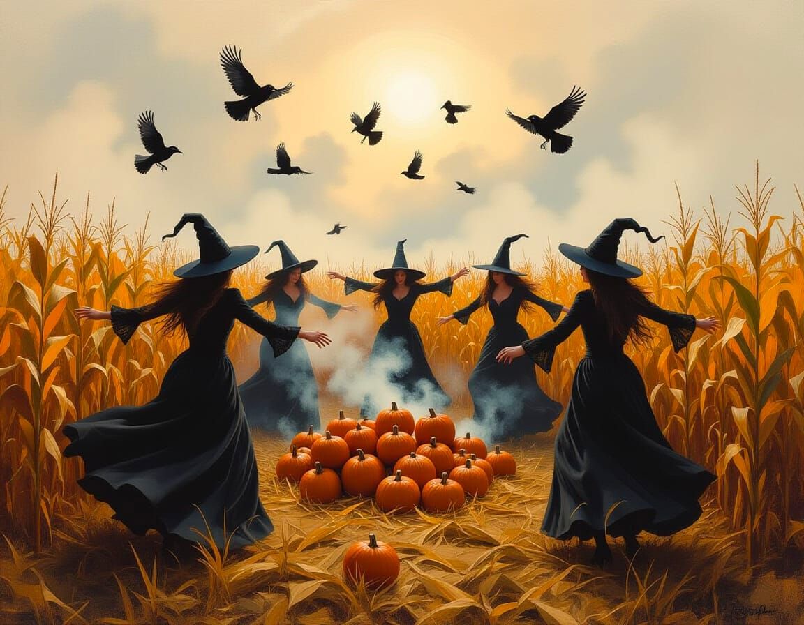 Witches Dancing in Cornfield Oil Painting