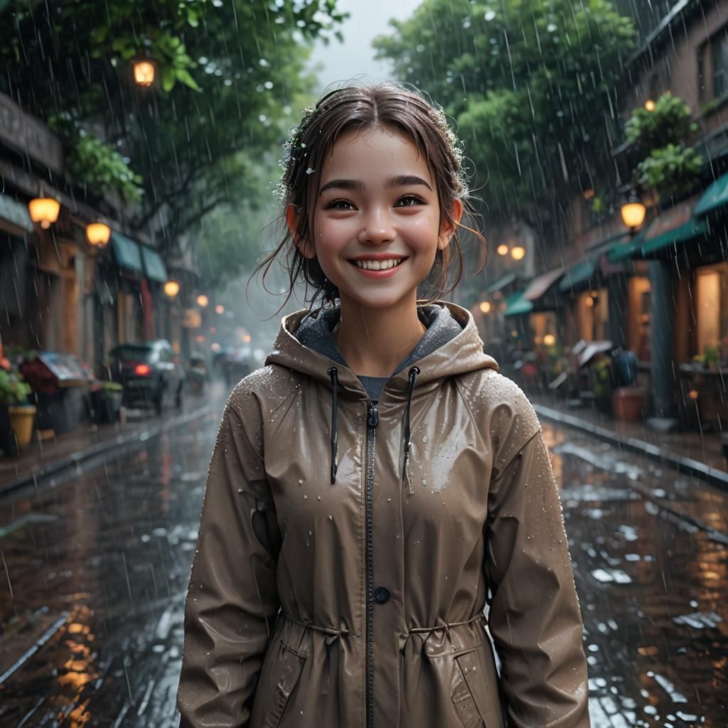 Cute Girl Smiling in Rain: Detailed Digital Painting