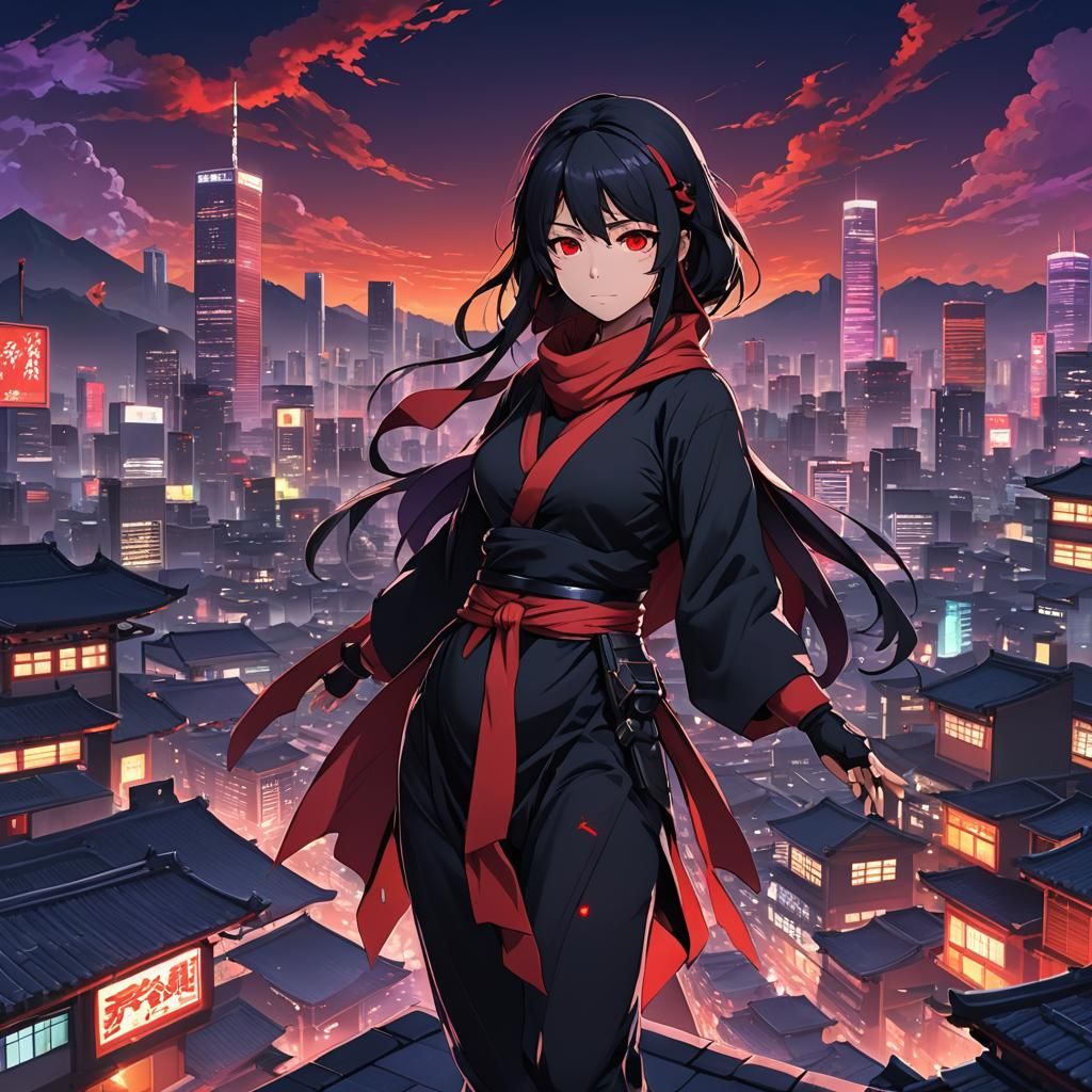 Pregnant Ninja in Neon Cityscape: Anime Key Visual