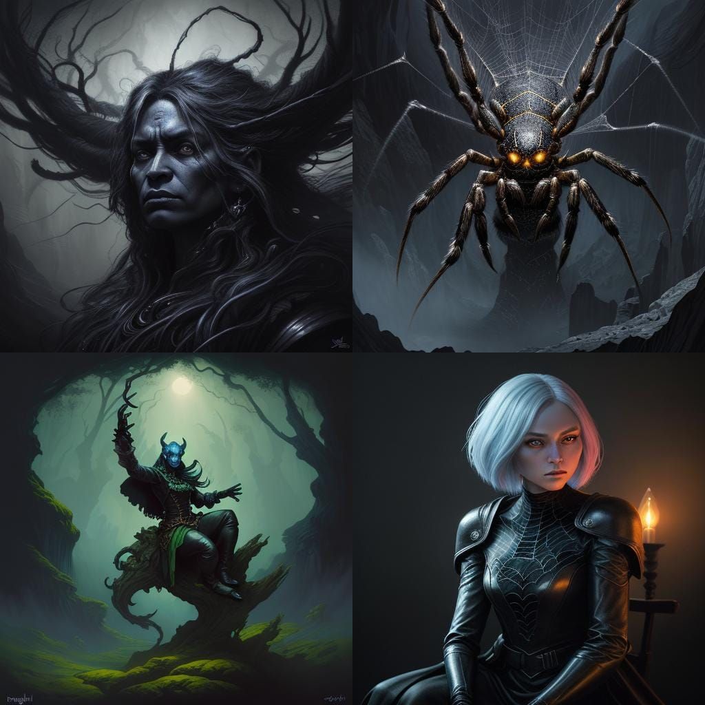 Drow Woman Weaving Spells on Spider, Charcoal Drawing