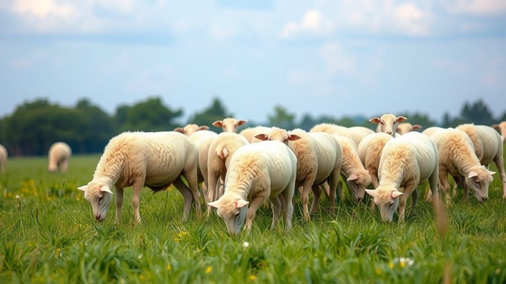 Flock of Sheep grazing in a field of lovely green grass