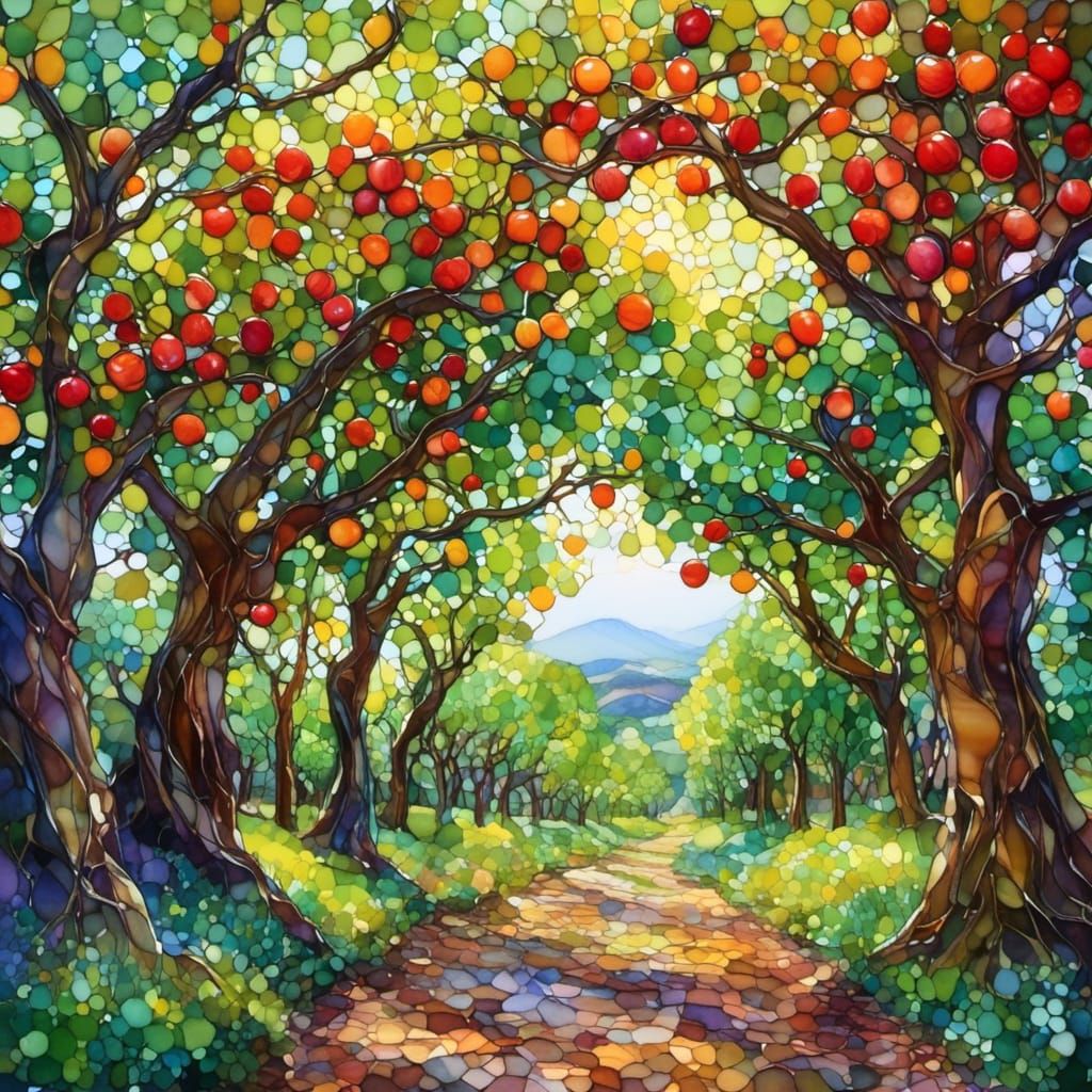 Stained Glass Apple Orchard Landscape