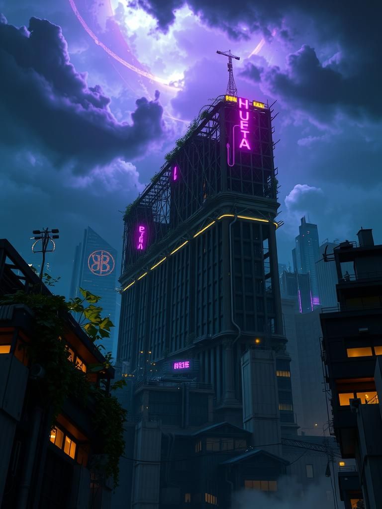 Cyberpunk Ruins: Skyscrapers Reclaimed in Digital Art
