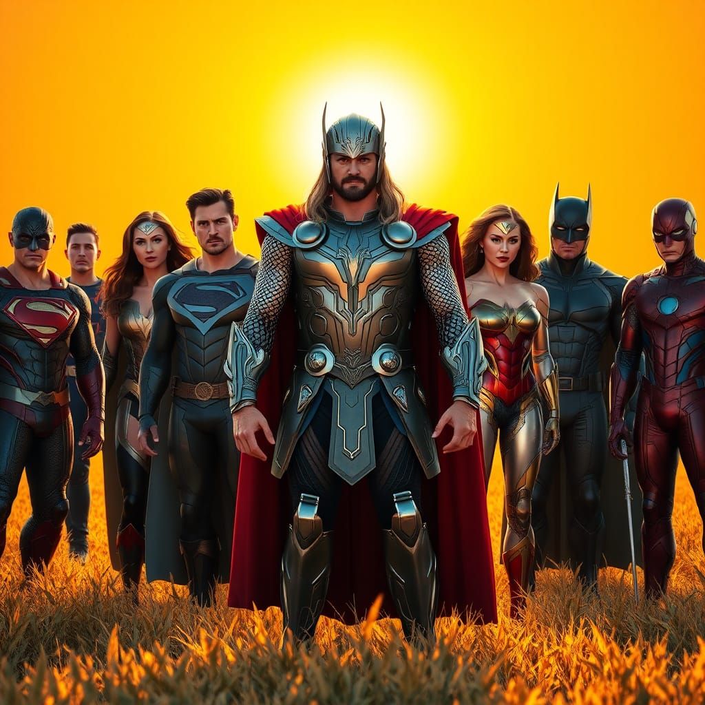 Heroic Alliance in Golden Field: Digital Art Portrait