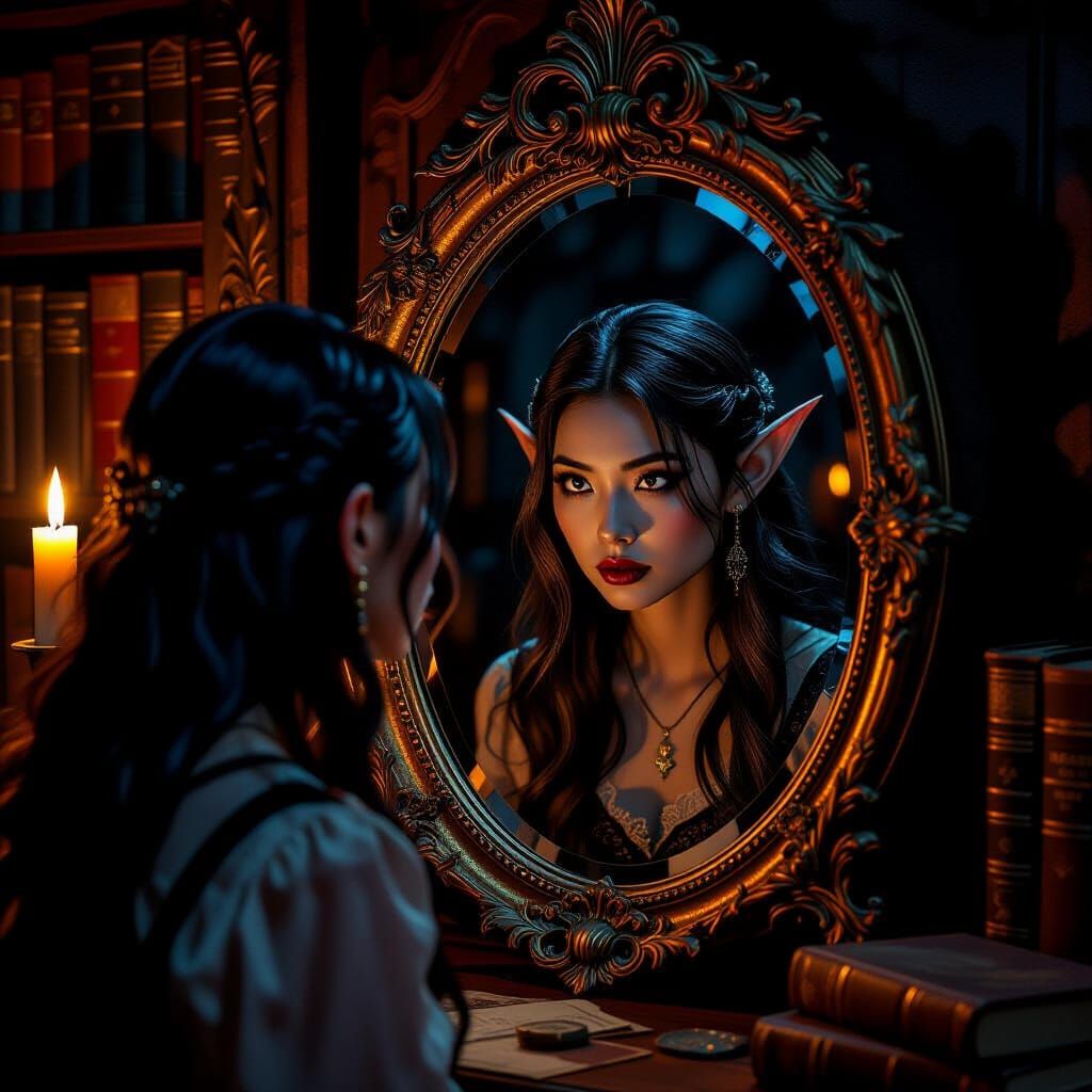 Asian Woman's Mirror Reflection Reveals Dark Elf