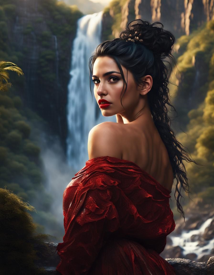Stunning Latina Woman at Waterfall, Digital Painting