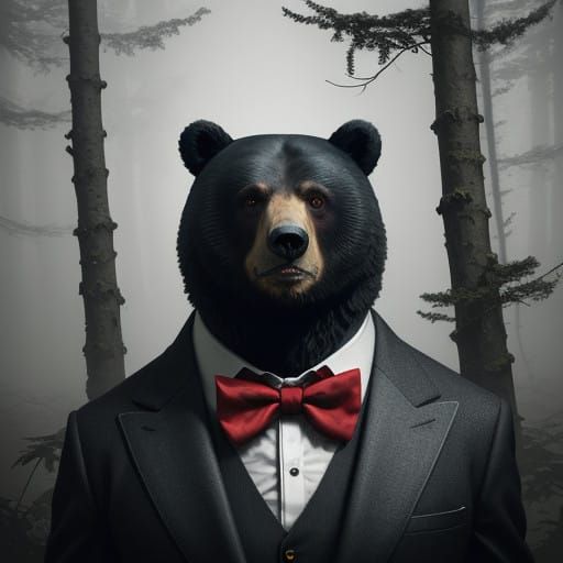 Bear in a Bright Red Bow Tie, Set Against a Misty Forest Bac...