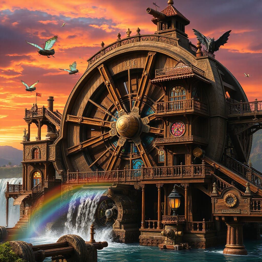 Ethereal Steampunk Village on Majestic Waterwheel