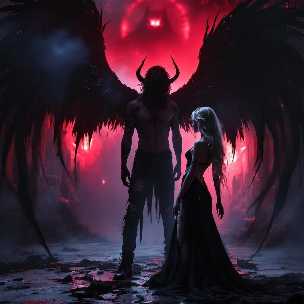 Futuristic Gothic Fallen Angel in Haunted Interior