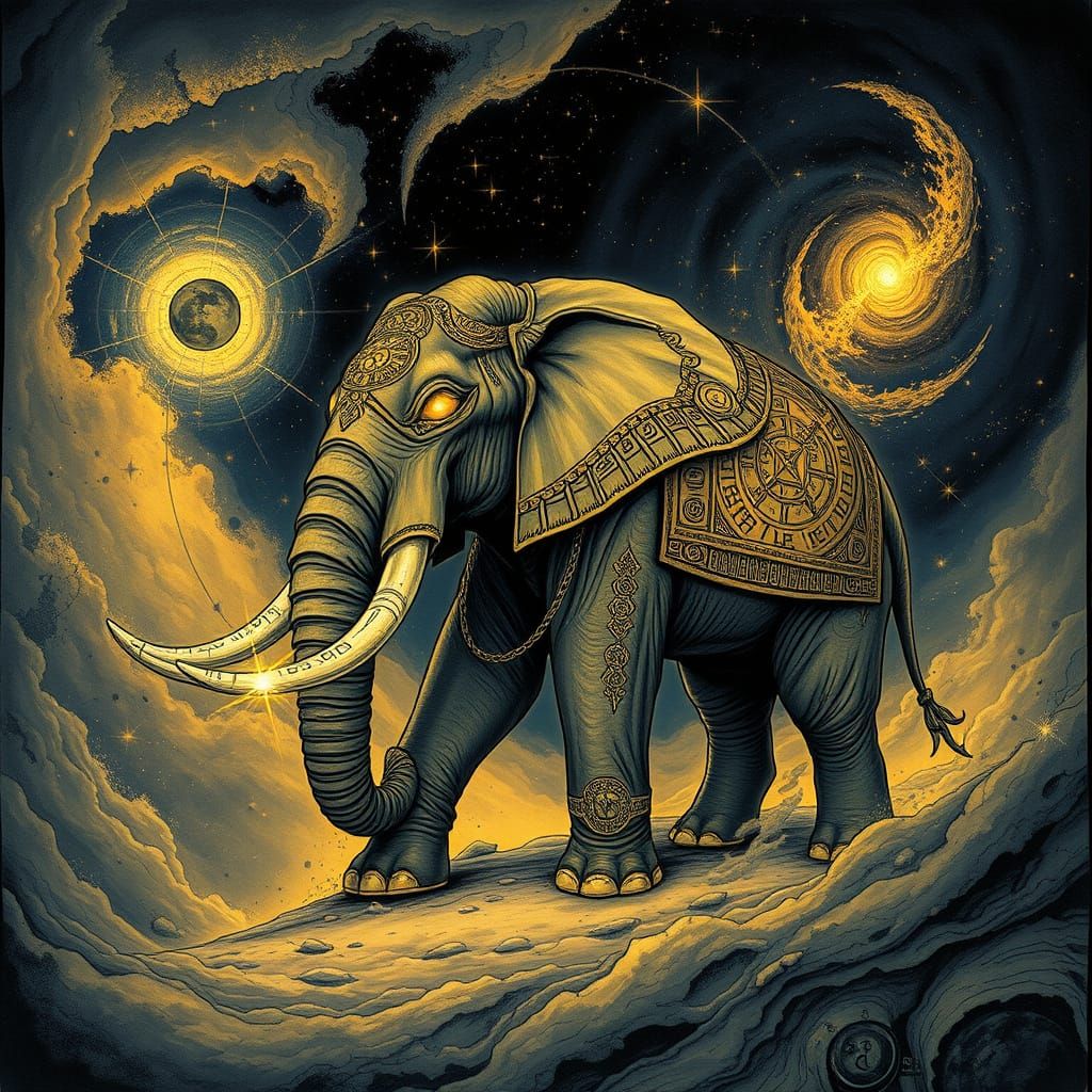 Cosmic Elephant with Glowing Runes in Nebulae