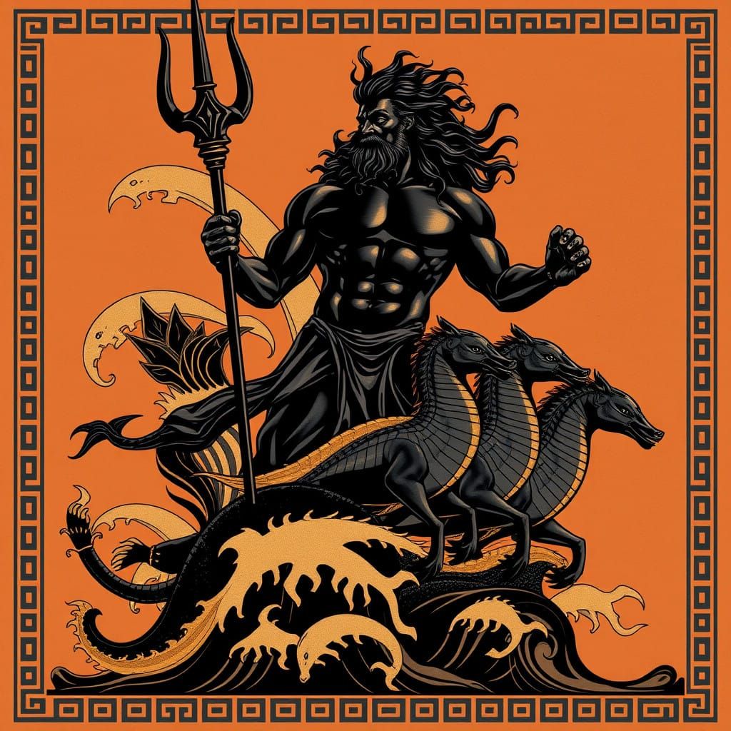 Majestic Poseidon in Ancient Greek Black-Figure Pottery Styl...