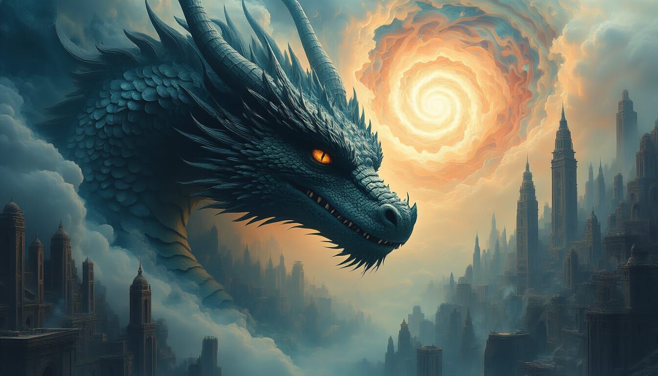 Cosmic Dragon Cityscape in Surreal Digital Art Style