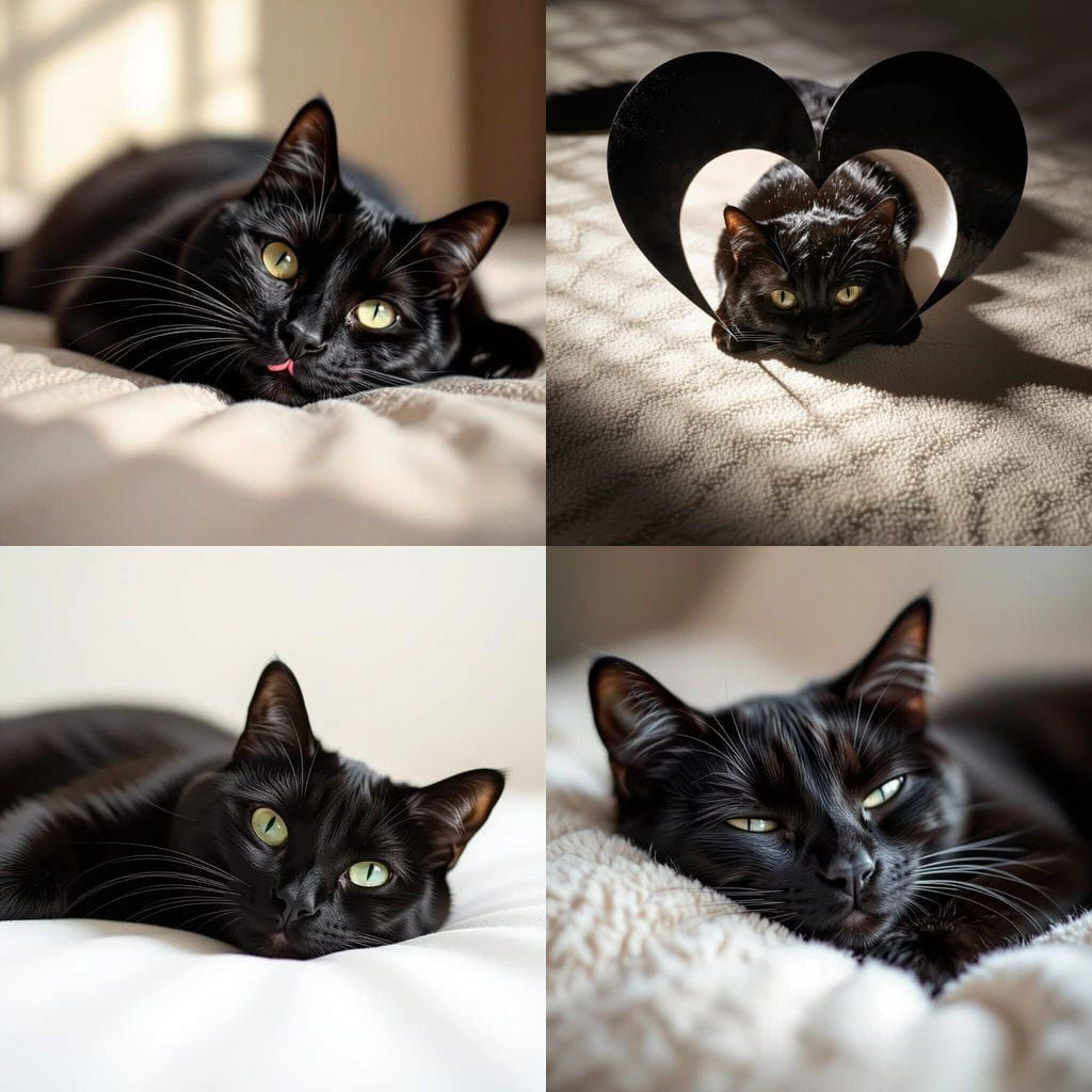 Realistic Black Cat with Heart Muzzle and Mustache Lying Dow...
