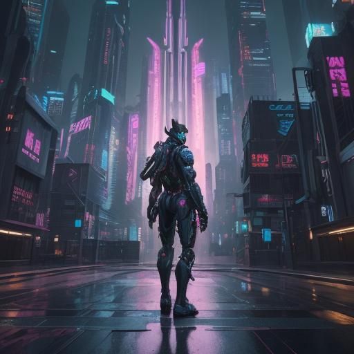 Mecha Kitten in Cyberpunk Cityscape Digital Art