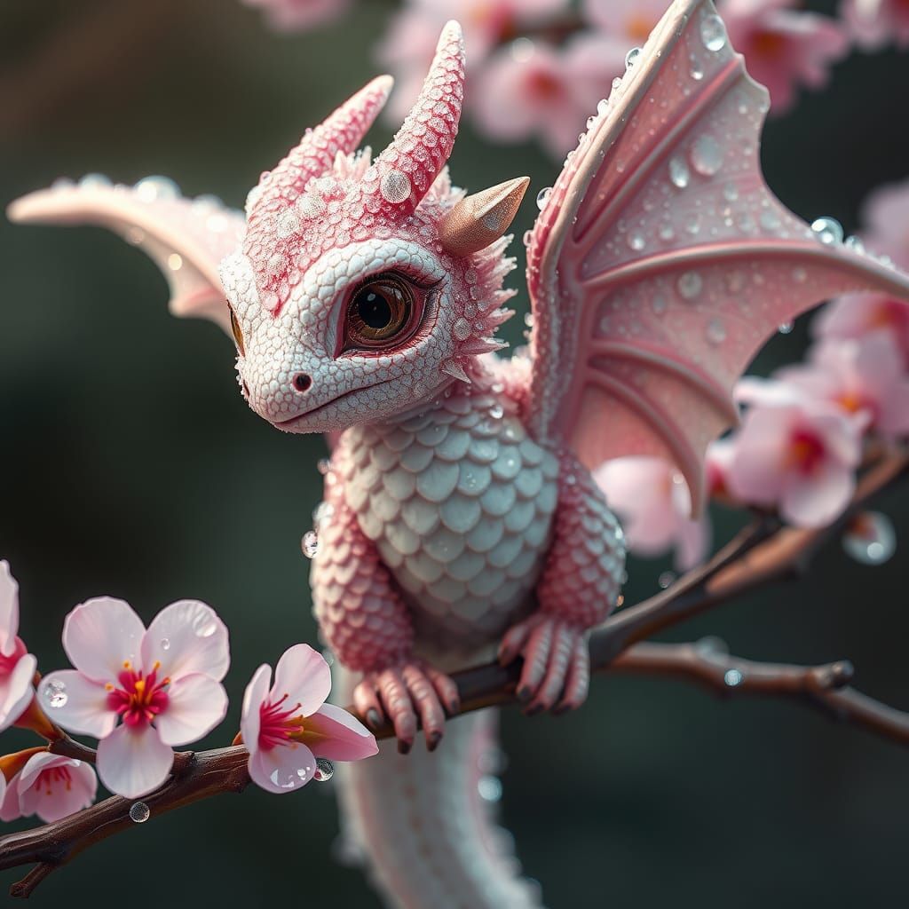 Fluffy Dragon with Dew Drops on Cherry Blossoms