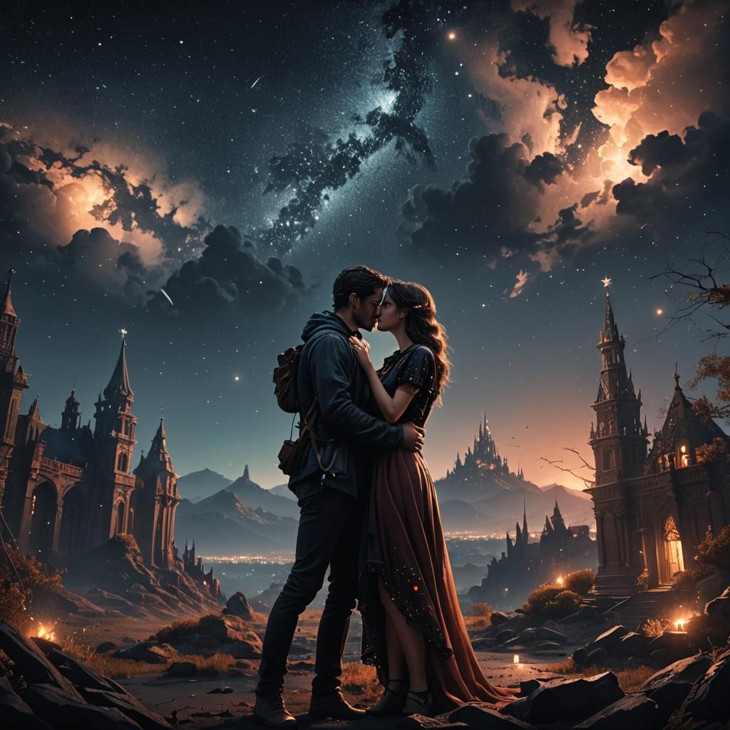 Romantic Kiss Under a Starry Night Sky