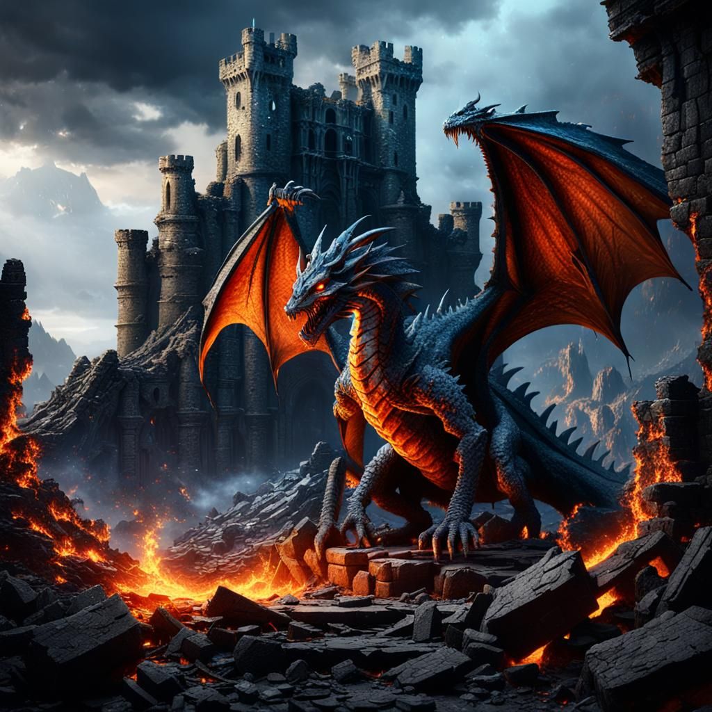 Dragon in Ruined Castle: Dark Fantasy Concept Art