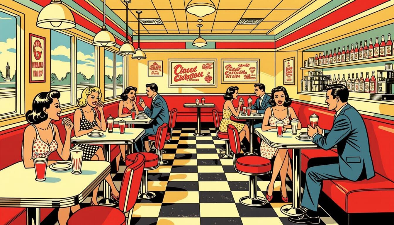 1950s Diner Scene in Vintage Comic Style